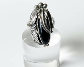 Sterling Silver Ring with Leaf Motif and Black Stone by Nakai