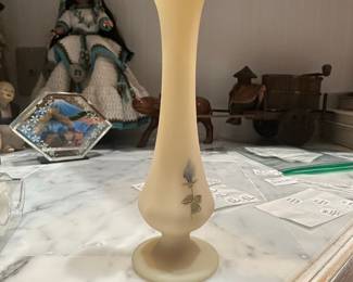 Fenton Custard Glass Hand Painted Floral Vase