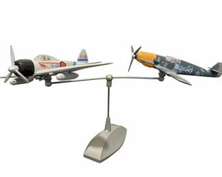 Diecast Model Airplanes: Messerschmitt Bf 109 and Curtiss P-40 Warhawk on Display Stand