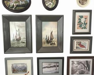 Collection of Framed Art Pieces, including Maritime Scenes and Botanical Prints
