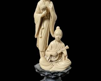Vintage A. Santini Alabaster Sculpture of Two Asian Women