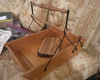 Vintage Wooden Sewing Basket with Metal Frame and Handle