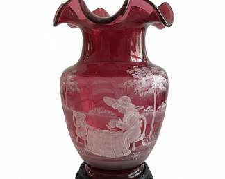 Fenton Cranberry Glass Hand-Painted Mary Gregory Vase
