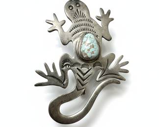 Sterling Silver and Turquoise Lizard Brooch by Lee Yazzie