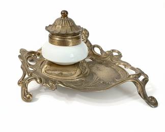 Ornate Brass Inkwell Stand with White Glass Insert