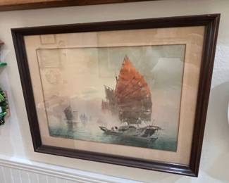 Watercolor Painting of Chinese Junks at Sea by J. M. Thompson