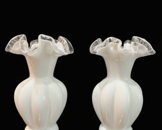 Pair of White Milk Glass Vases with Ruffled Rims and Applied Clear Rims