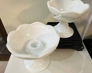 Indiana Glass "Harvest" Milk Glass Pedestal Compote and Vase Set