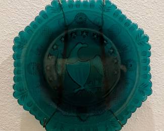 Vintage "Eagle and Shield" Pressed Glass Plate - Teal