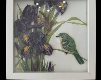 Framed Quilled Iris and Bird Artwork