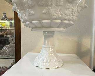 Colony Harvest Milk Glass Grape Pattern Compote Bowl