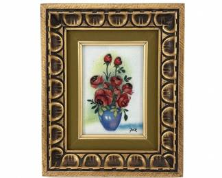 Framed Enamel Painting of Roses by Fox
