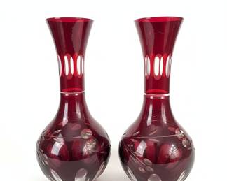 Pair of Bohemian Ruby Red Cut Glass Vases
