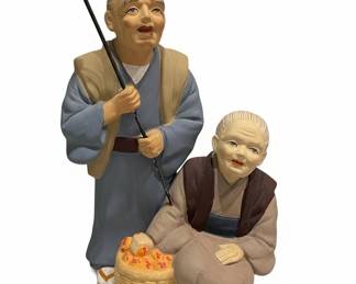 Vintage Hakata Urasaki Japanese Ceramic Figurines of Elderly Couple