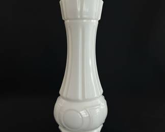 White Milk Glass Ribbed Vase with Circular Motifs
