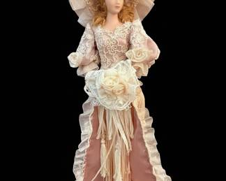 Victorian Style Porcelain Doll with Elaborate Gown and Hat
