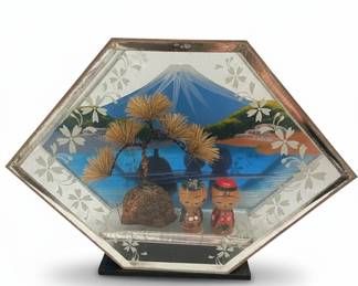 Vintage Japanese Kokeshi Doll Diorama in Etched Hexagonal Glass Case
