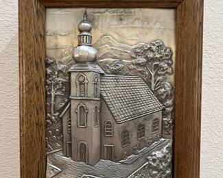 Vintage German Pewter Embossed Church Scene Key Holder
