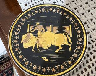 Vintage Damascene Bullfighting Scene Decorative Plate