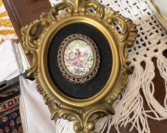 Ornate Gilt Frame with Fragonard Courting Couple Miniature Portrait