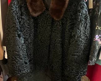 Vintage Persian Lamb Fur Coat with Mink Collar and Embroidered Lining