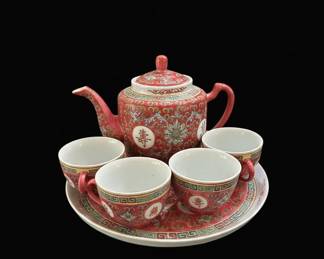 Mun Shou Famille Rose Longevity Tea Set