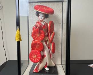 Japanese Geisha Doll in Display Case - Fujimusume