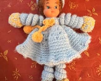 Vintage Bed Doll with Blue and Yellow Knitted Outfit