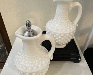 Avon Hobnail Milk Glass Pitchers and Bowl Set