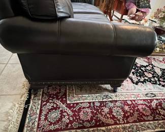 Bernhardt Black Leather Sofa with Carved Trim and Bun Feet