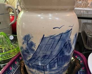 P. R. Storie Pottery Co. Stoneware Crock with Barn Scene
