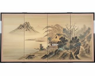 Japanese Four-Panel Byobu Screen Painting - Landscape with Mountain and Dwelling