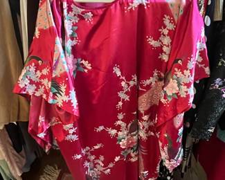 Golden Dragon Peacock and Floral Print Satin Kimono Robe
