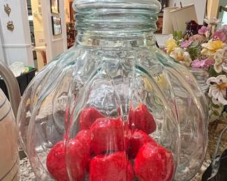 Large Green Glass Pumpkin Shaped Apothecary Jar with Lid