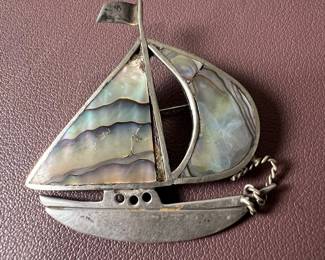 Vintage Sterling Silver and Abalone Sailboat Brooch, Mexico