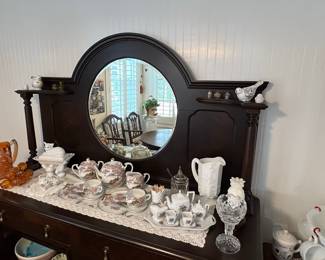 Antique Mahogany Sideboard with Mirror and Tea Set