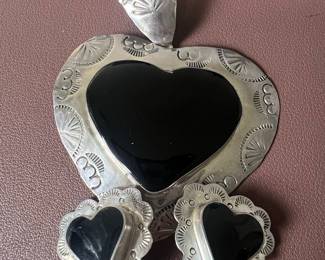 Native American Sterling Silver and Black Onyx Heart Pendant Necklace and Earrings Set