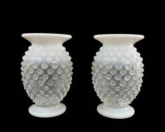 Fenton French Opalescent Hobnail Glass Vases (Pair)