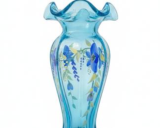 Hand-Painted Blue Glass Vase with Ruffled Rim - Fenton