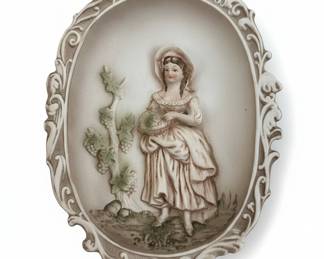 Lefton Porcelain Bisque Plaque with Young Woman and Grapes