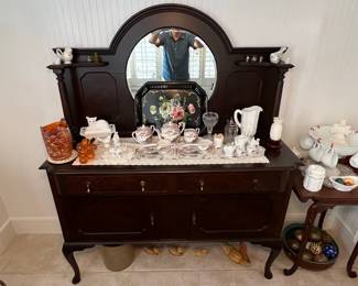 Antique Mahogany Sideboard with Mirror and Tea Set