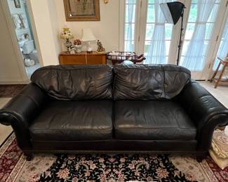 Bernhardt Black Leather Sofa with Carved Trim and Bun Feet