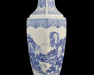 Large Blue and White Porcelain Vase with Landscape Scene and Figural Top