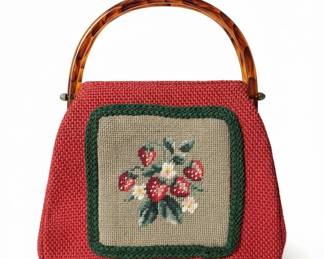Vintage Needlepoint Strawberry Handbag with Tortoiseshell Handle
