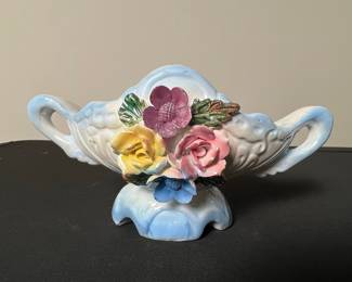 Vintage Capodimonte Style Porcelain Cornucopia Vase with Applied Flowers
