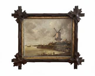 19th Century Dutch Landscape Painting with Windmill