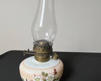Victorian Hand-Painted Milk Glass Oil Lamp with Floral Motif