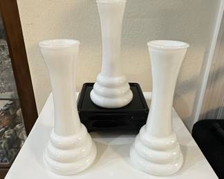 Set of Three White Milk Glass Vases and a Westmoreland Milk Glass Cat Figurine