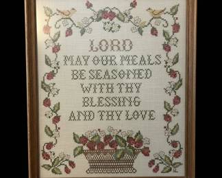 Vintage Framed Cross-Stitch "Lord May Our Meals" Prayer with Strawberries and Birds