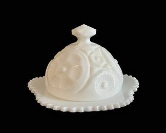 White Milk Glass Covered Butter Dish with Ruffled Edge and Star/Floral Panels